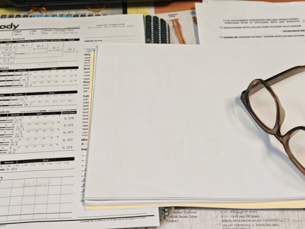 Výsledkový list z měření InBody na stole s brýlemi – analýza složení těla pro kontrolu tuku, svalů a novoročních cílů