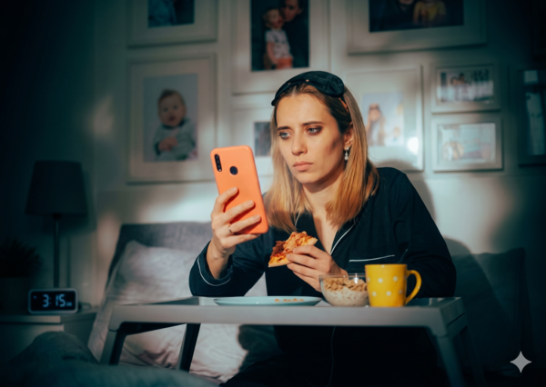 Žena jí pozdě v noci pizzu v posteli – příklad nevhodného ukončení přerušovaného půstu