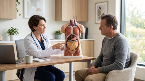 Lékařka vysvětluje na anatomickém modelu rozdíl mezi viscerálním a podkožním tukem na břiše.