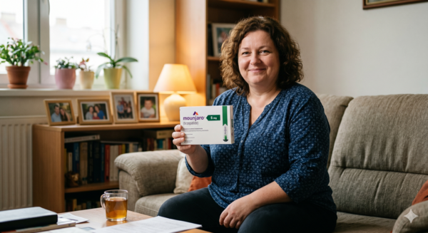 Žena doma drží balení léku na hubnutí předepsaného lékařem k léčbě obezity.
