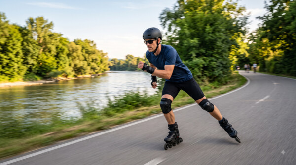 Bruslař na inline bruslích, hubnutí a trénink hýžďových svalů do stran