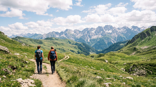 Turisté sestupují z kopce, turistika a hubnutí díky dlouhé chůzi v terénu