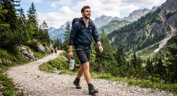 Turista s lahví vody na horské stezce ukazuje vliv hydratace na fyzický výkon