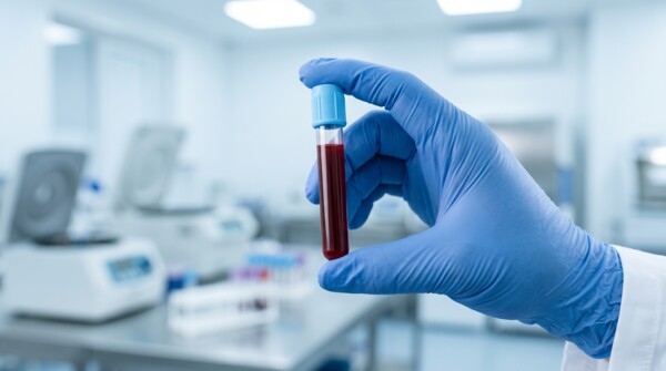 Zdravotník v rukavicích drží zkumavku s krví pro test hladiny vitamínu D 25(OH)D