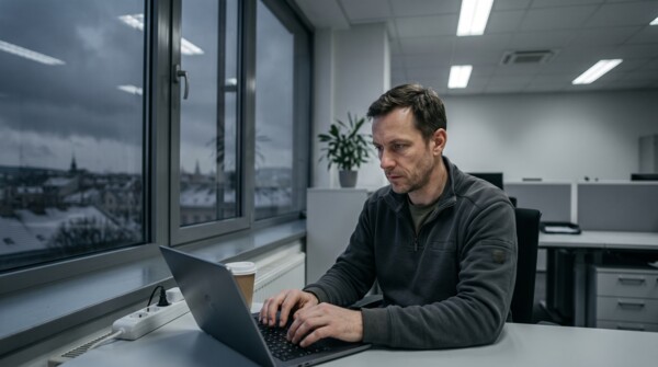 Muž pracuje v kanceláři u okna během zataženého zimního dne bez slunečního svitu