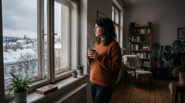 Žena v teplém svetru stojí u okna a dívá se na zasněženou ulici v zimě